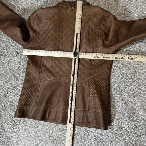 Guess Jacket Womens Medium Brown Quilted Faux Leather Moto Stand Collar Zipper - Picture 11 of 13